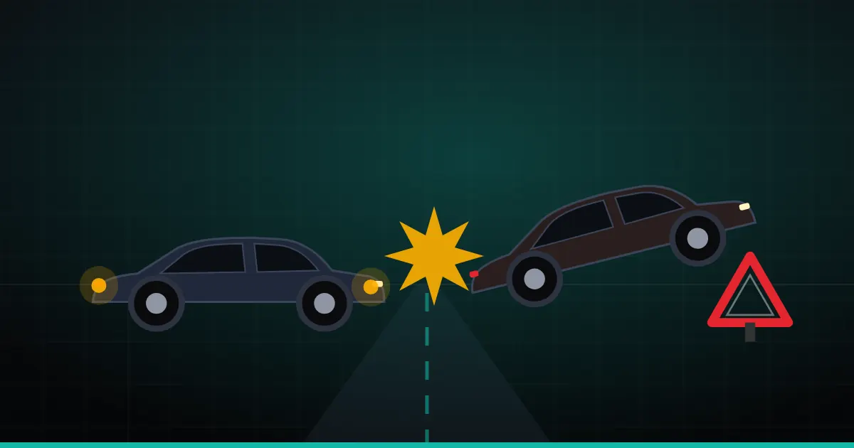 Illustration de deux voitures après une collision avec un triangle de signalisation