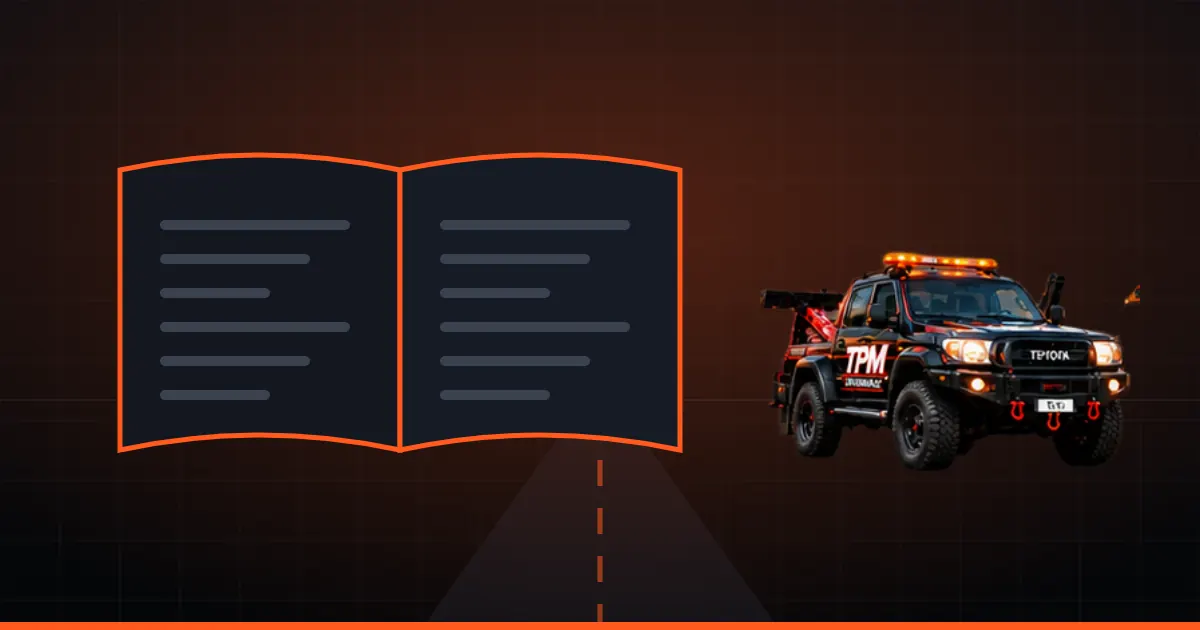 Illustration d'un livre ouvert à côté d'un pick-up de dépannage TPM
