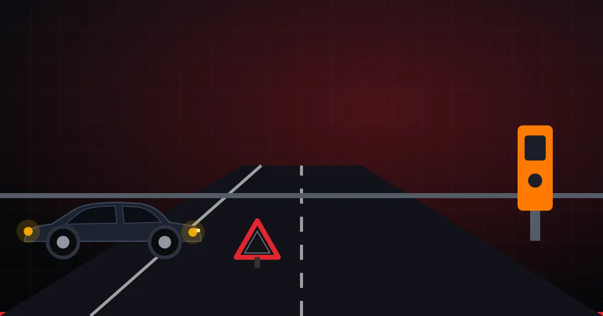 Illustration d'une voiture en panne sur la bande d'arrêt d'urgence, feux de détresse allumés, triangle et borne d'appel