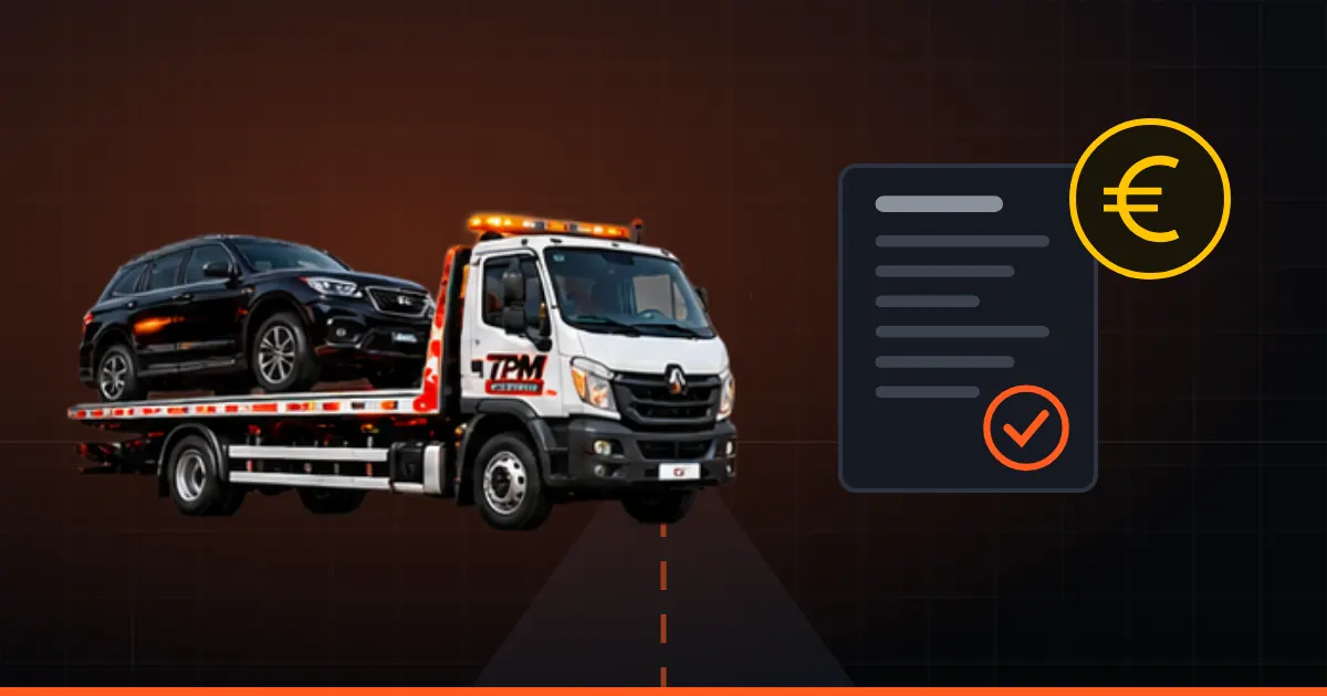 Illustration d'une dépanneuse TPM à plateau à côté d'un devis et d'un symbole euro