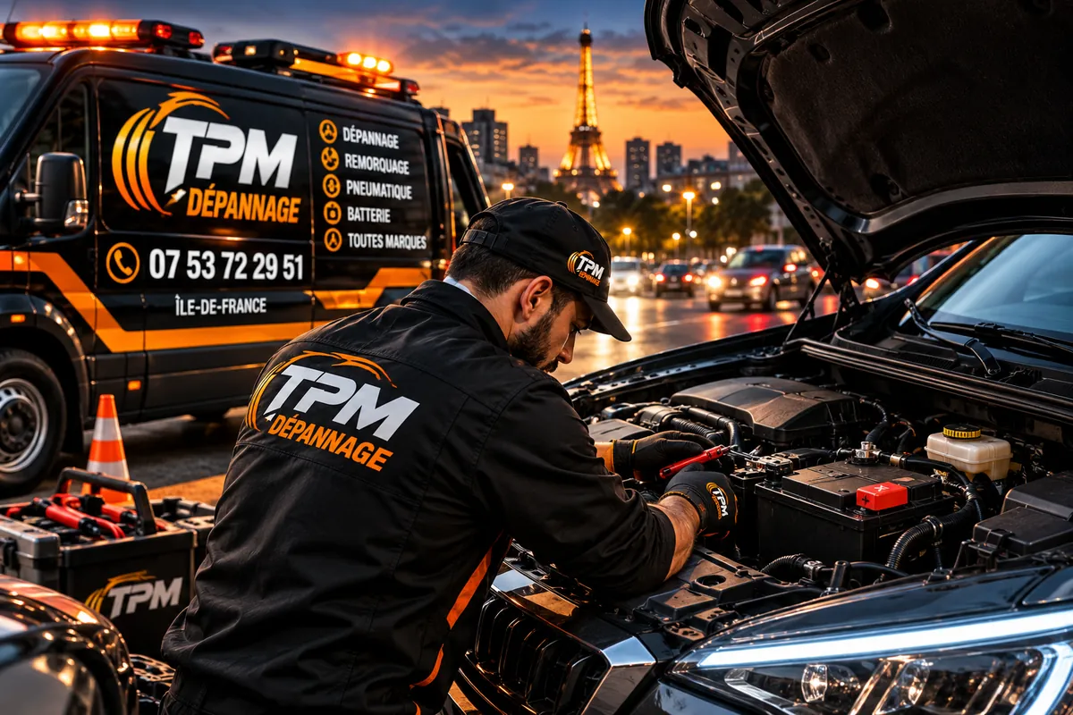 Technicien TPM Dépannage contrôlant la batterie d'une voiture capot ouvert, devant un véhicule d'intervention TPM, au coucher du soleil à Paris