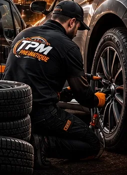 Technicien TPM Pneumatique en train de monter une roue sur place